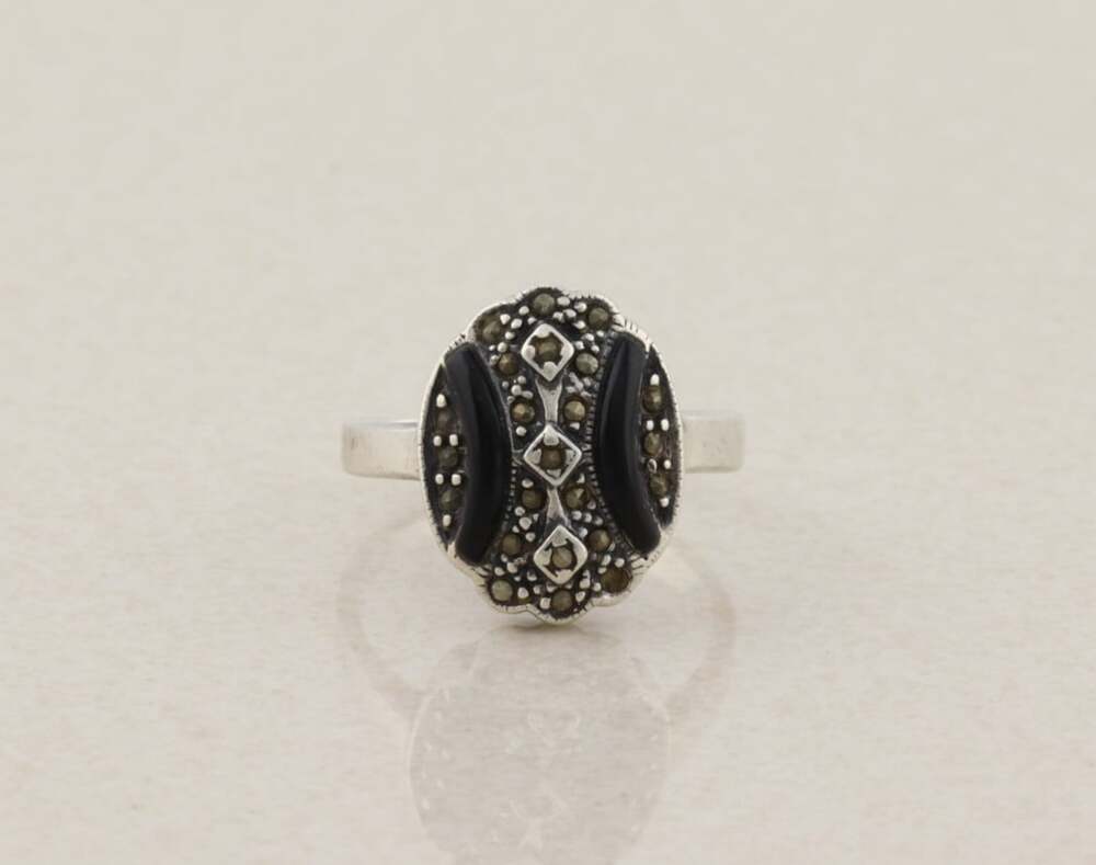Sterling Silver Natural Onyx and Marcasite Ring Size 9